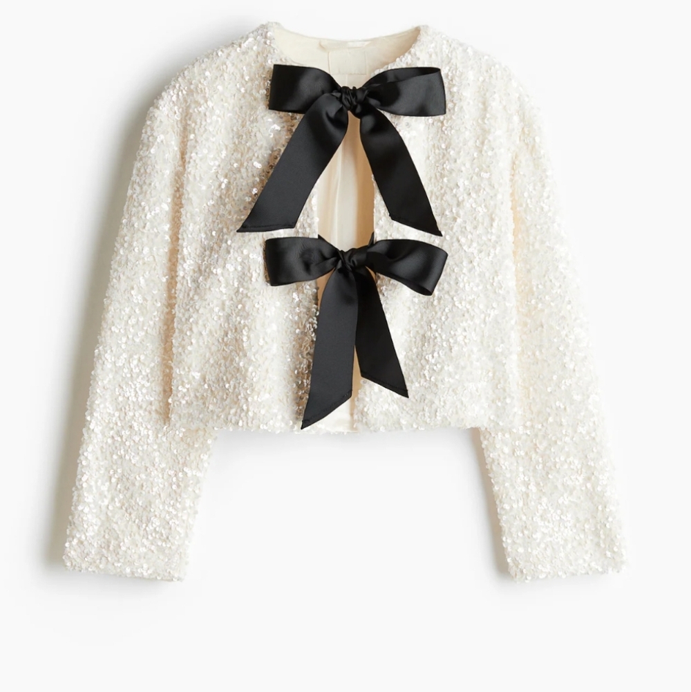 ✨ H&M Cream Sequined Bow-Front Jacket BNWT L